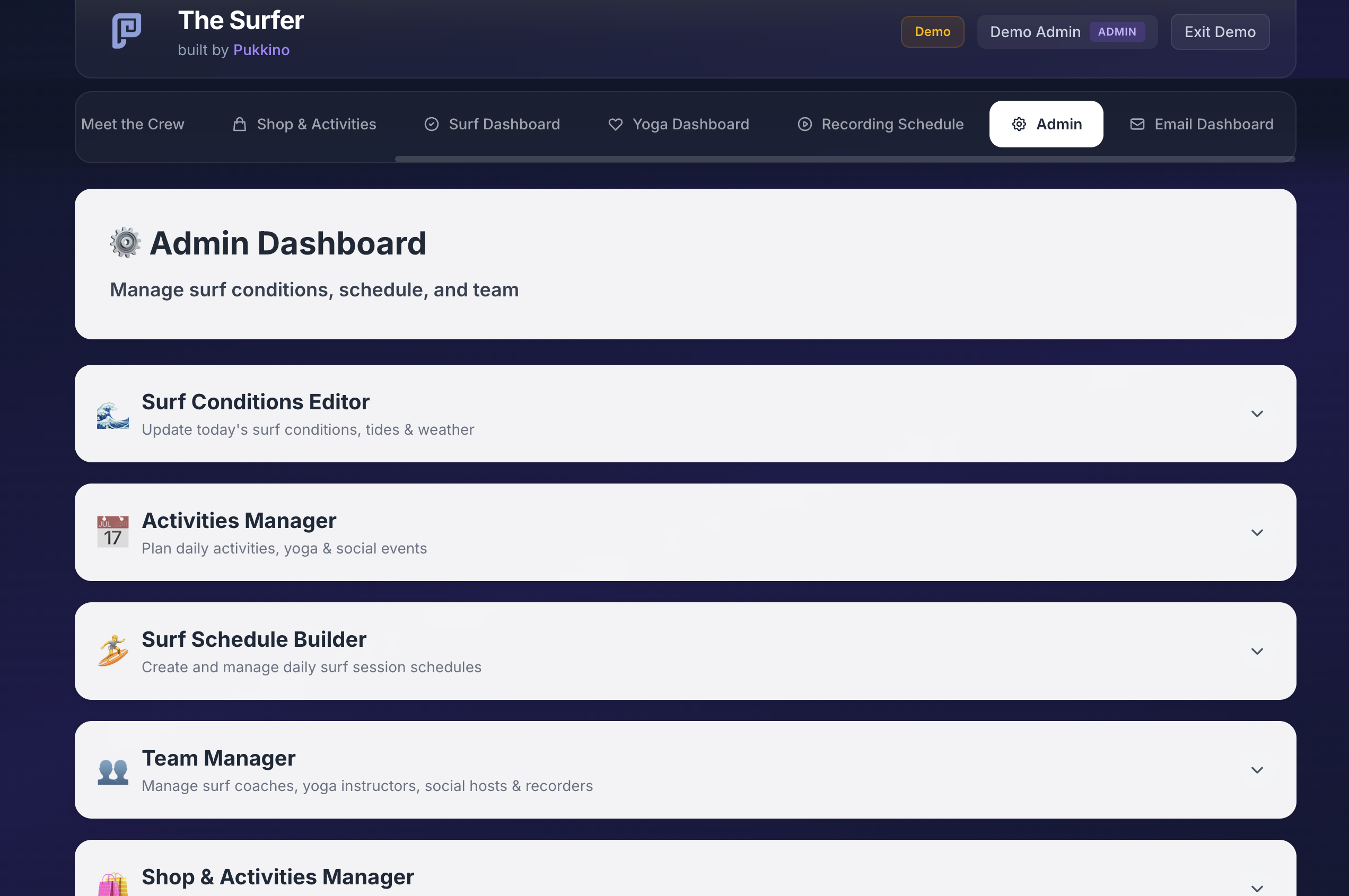 Surf Camp Management Platform Admin Dashboard Screenshot